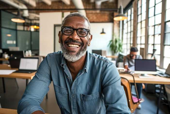 A smiling bearded man in a denim shirt and glasses in a bright open-plan studio
