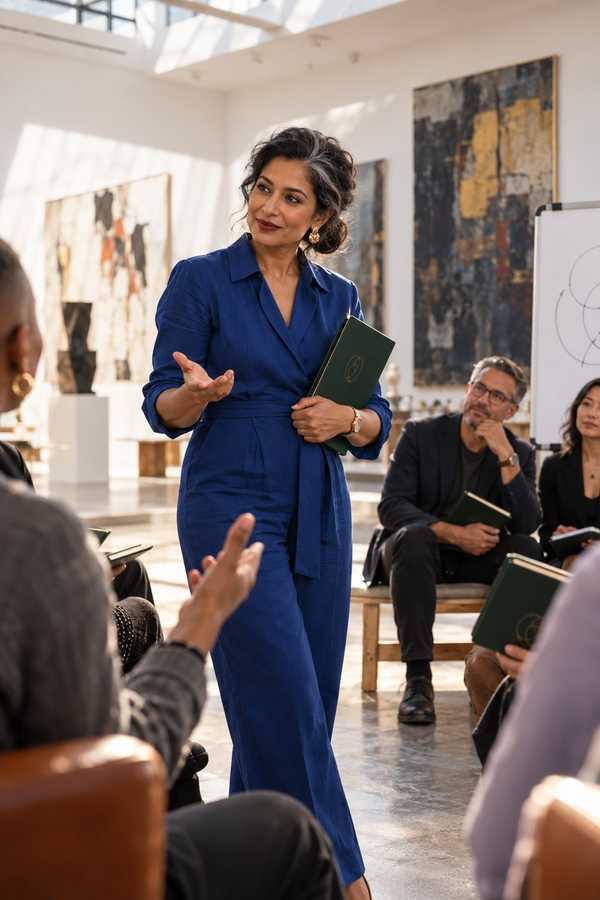 A woman in a blue jumpsuit leading a workshop in a bright gallery