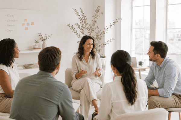 A leader speaking openly with her team seated in a circle, embodying presence