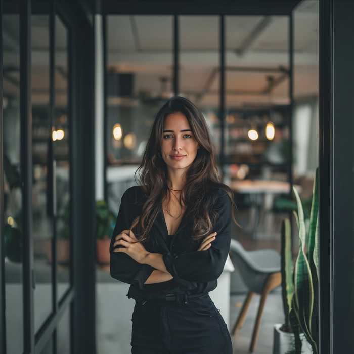 A woman with long dark hair and crossed arms in a black outfit, standing in a glass doorway