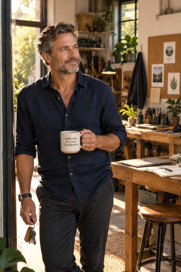 A man in a navy shirt holding a mug that reads welcome to your Greatness