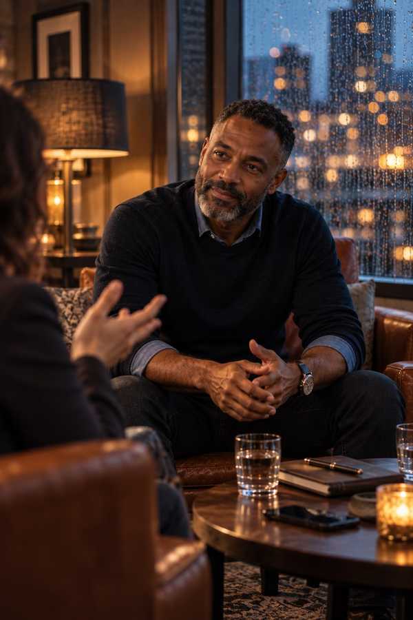 A man in a dark sweater listening in a leather armchair at night, rain on the window behind him
