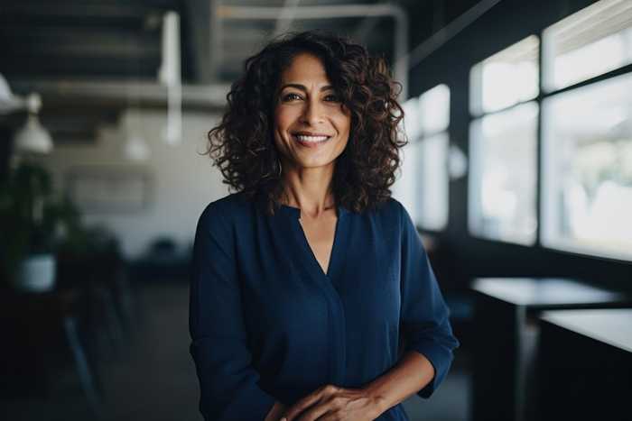 A smiling woman with curly hair in a navy blouse standing in a bright studio