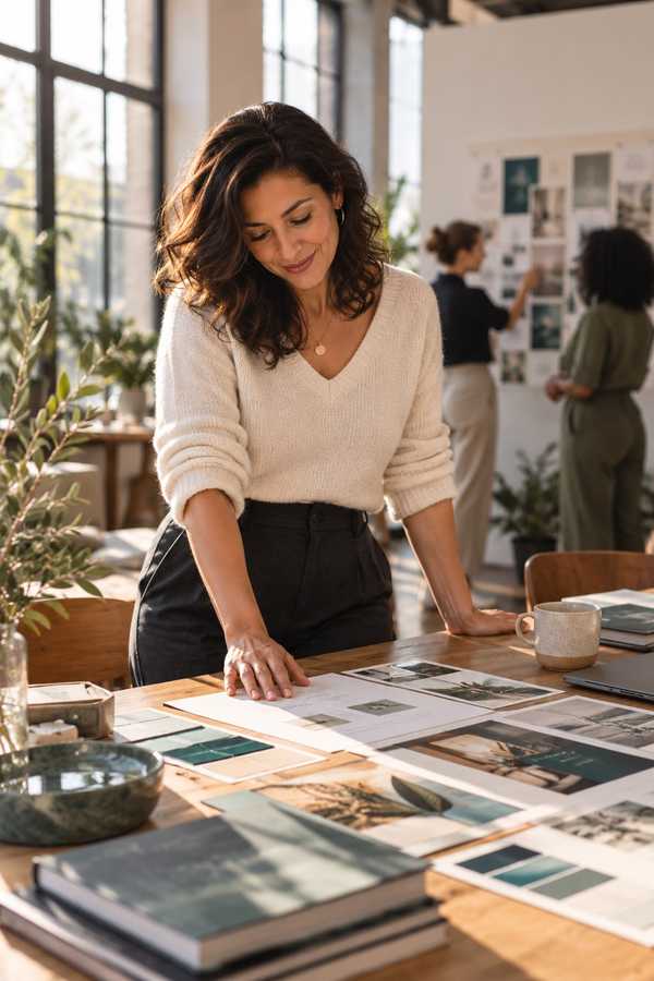 A woman leaning over a table of mood boards and printed samples