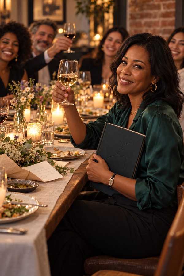 A smiling woman in a green silk blouse raising a glass at a candlelit dinner table with friends