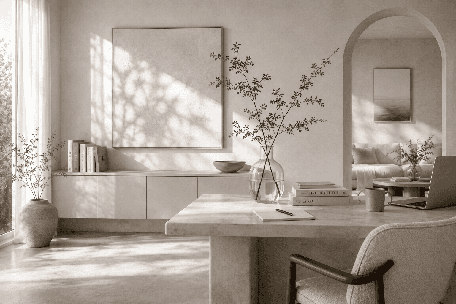 Calm, neutral-toned office space with a stone desk, reflecting the brave space this work invites you into