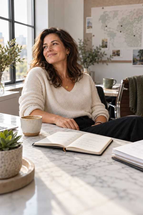 A smiling woman in a cream sweater at a marble desk by a window, with a notebook and coffee