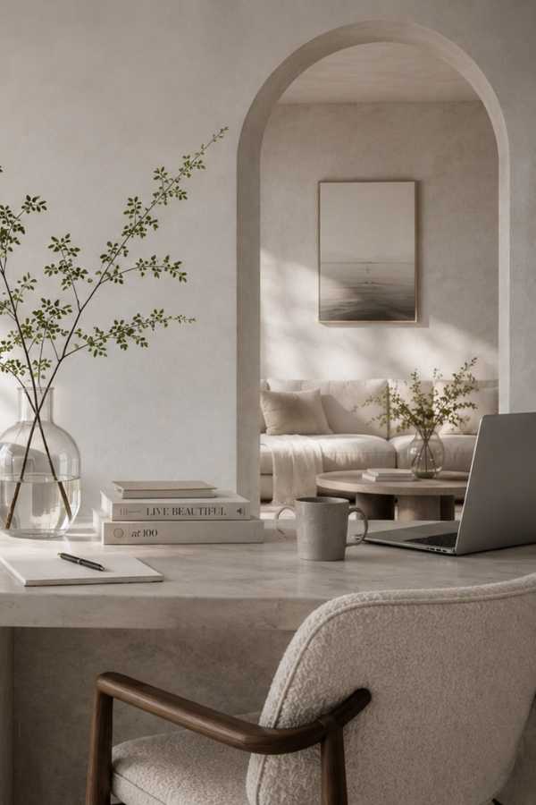 A calm, neutral-toned workspace with an arched doorway, a glass vase of green branches and an open laptop