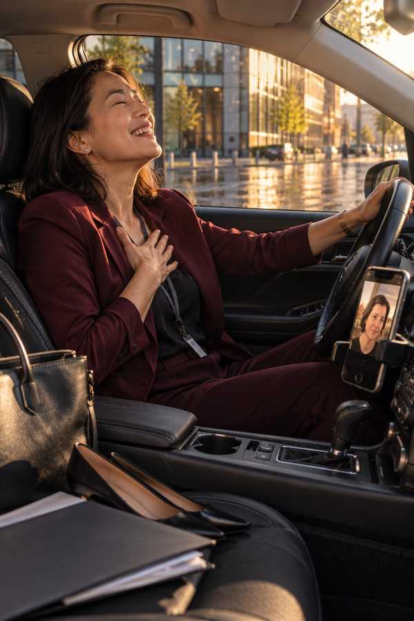 A woman in a burgundy blazer laughing with her hand on her heart in a car at golden hour
