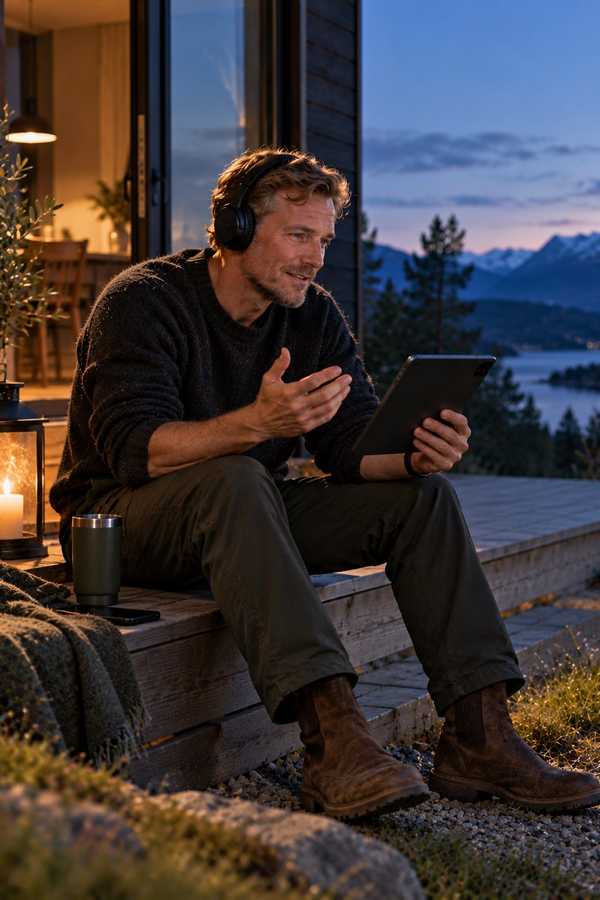 A man in headphones with a tablet on a wooden deck at dusk, with a lake and mountains behind him