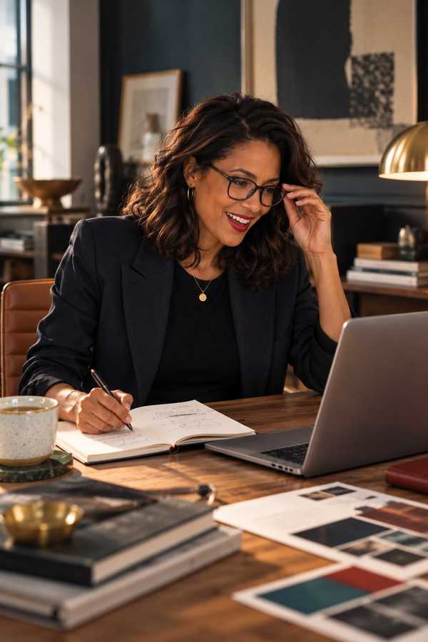 A woman in glasses smiling as she writes in a notebook at a wooden desk with a laptop