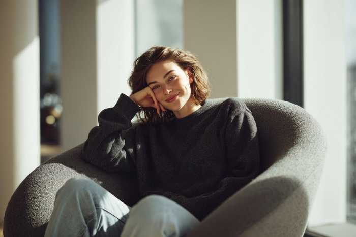 A smiling woman in a dark sweater resting her head on her hand in a grey armchair