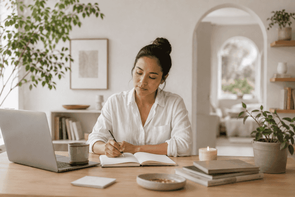 A woman writing in a journal at her desk, quietly focused and self-directed