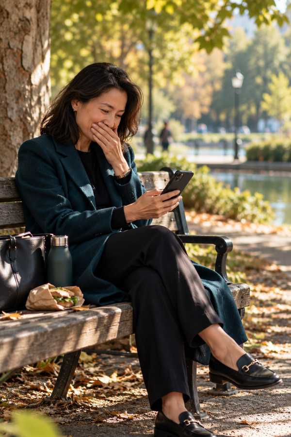 A woman laughing at her phone on a park bench in autumn sunlight
