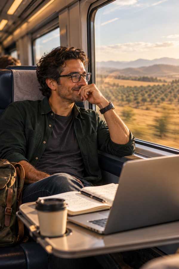 A man smiling at a train window at sunset with a laptop and notebook