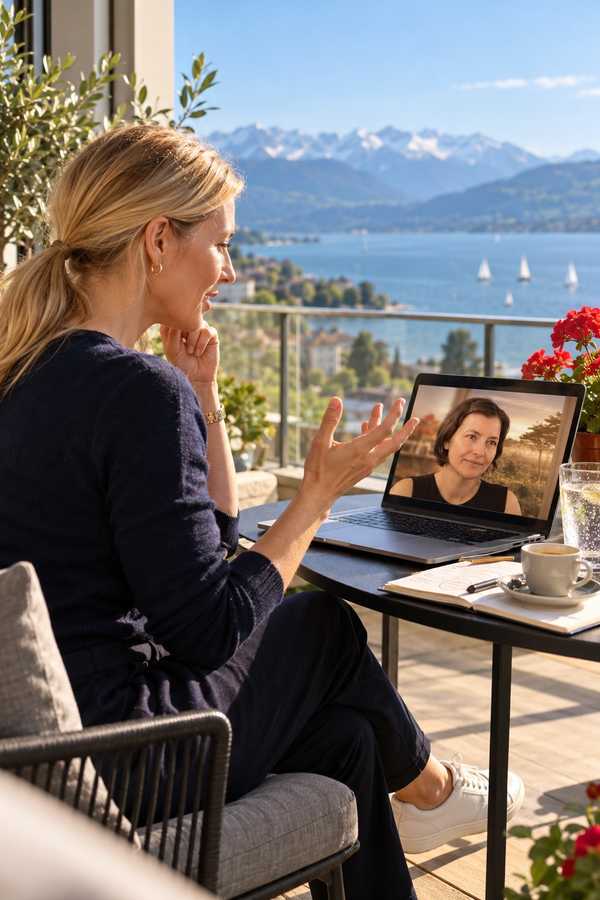A woman on a sunny balcony above a lake and mountains, talking to someone on a video call