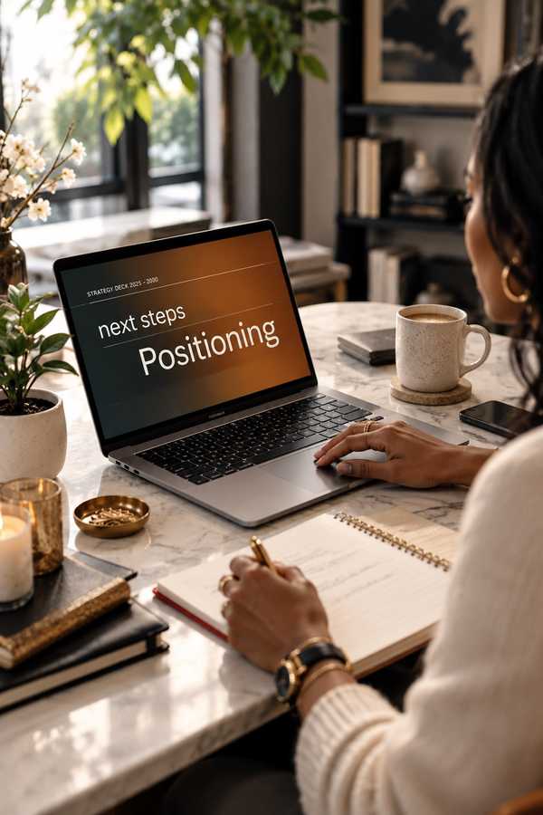 A woman at a marble desk working on a laptop showing a strategy deck slide, with a notebook and coffee