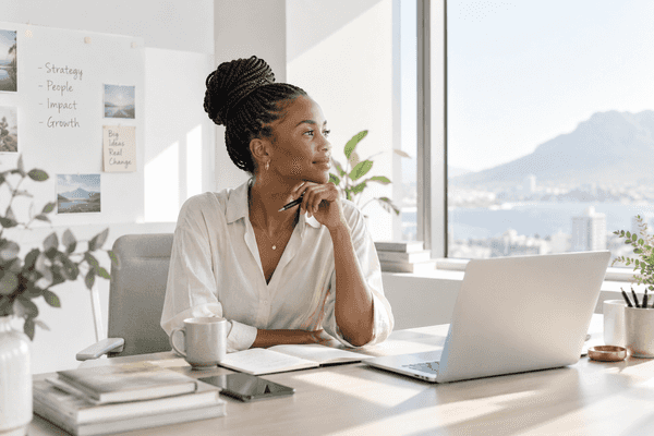 A woman pausing thoughtfully at her desk, looking out over the city and mountains