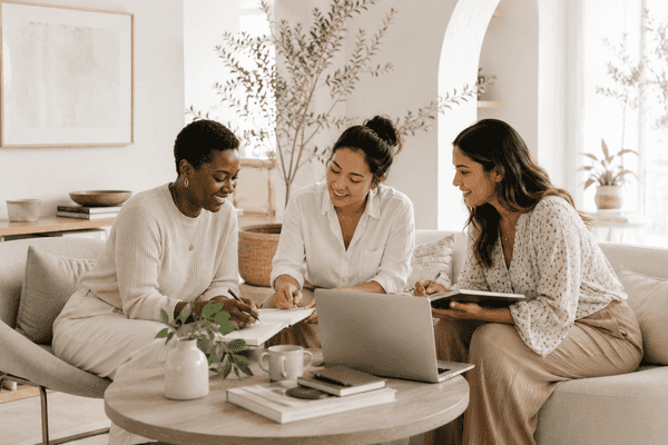 Three women collaborating warmly around a laptop, notebooks in hand