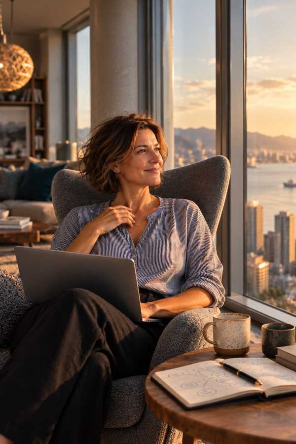 A woman in a grey armchair with a laptop at sunset above a city and harbour