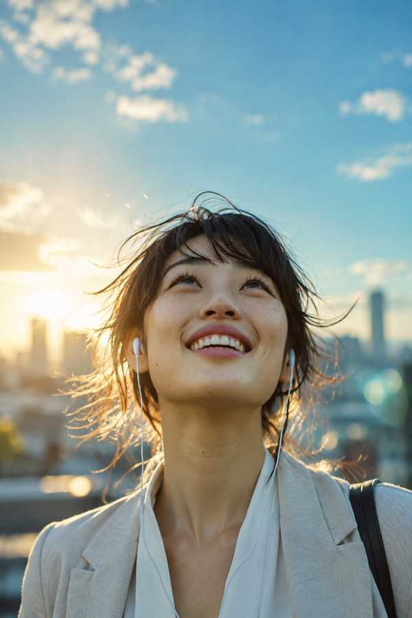 A smiling woman with earphones looking up at a sunlit city skyline