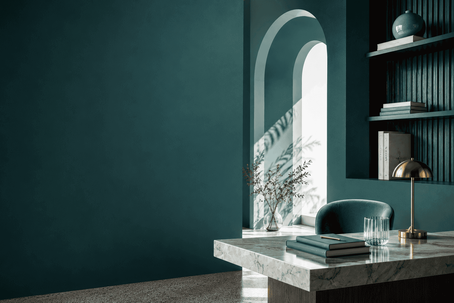 Elegant teal-walled office with a marble desk, capturing the brand aesthetic behind Lena Ski's work